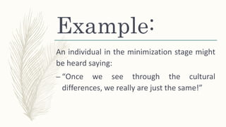 Example:
An individual in the minimization stage might
be heard saying:
– “Once we see through the cultural
differences, we really are just the same!”
 