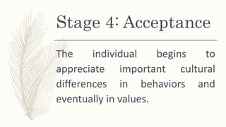 Stage 4: Acceptance
The individual begins to
appreciate important cultural
differences in behaviors and
eventually in values.
 