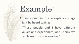 Example:
An individual in the acceptance stage
might be heard saying:
–“These people and I have different
values and experiences, and I think we
can learn from one another.”
 