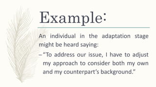 Example:
An individual in the adaptation stage
might be heard saying:
–“To address our issue, I have to adjust
my approach to consider both my own
and my counterpart’s background.”
 