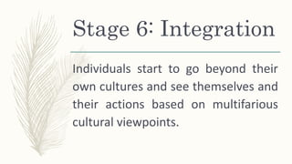 Stage 6: Integration
Individuals start to go beyond their
own cultures and see themselves and
their actions based on multifarious
cultural viewpoints.
 