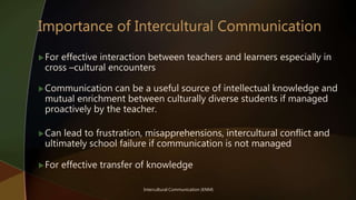 Intercultural Communication (KNM)
For effective interaction between teachers and learners especially in
cross –cultural encounters
Communication can be a useful source of intellectual knowledge and
mutual enrichment between culturally diverse students if managed
proactively by the teacher.
Can lead to frustration, misapprehensions, intercultural conflict and
ultimately school failure if communication is not managed
For effective transfer of knowledge
 
