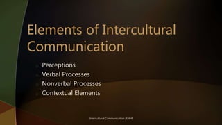 Intercultural Communication (KNM)
o Perceptions
o Verbal Processes
o Nonverbal Processes
o Contextual Elements
 