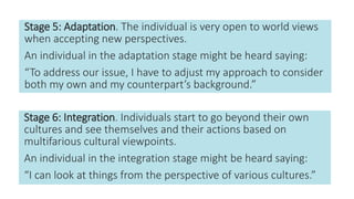 Stage 5: Adaptation. The individual is very open to world views
when accepting new perspectives.
An individual in the adaptation stage might be heard saying:
“To address our issue, I have to adjust my approach to consider
both my own and my counterpart’s background.”
Stage 6: Integration. Individuals start to go beyond their own
cultures and see themselves and their actions based on
multifarious cultural viewpoints.
An individual in the integration stage might be heard saying:
“I can look at things from the perspective of various cultures.”
 