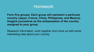 Homework
Form five groups. Each group will represent a particular
country (Japan, France, China, Philippines, and Mexico).
Imagine yourselves as the ambassadors of the country
assigned to your group.
Research information, work together and come up with some
interesting data about your country.
 