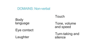 DOMAINS: Non-verbal
Body
language
Eye contact
Laughter
Touch
Tone, volume
and speed
Turn-taking and
silence
 