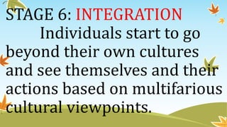 STAGE 6: INTEGRATION
Individuals start to go
beyond their own cultures
and see themselves and their
actions based on multifarious
cultural viewpoints.
