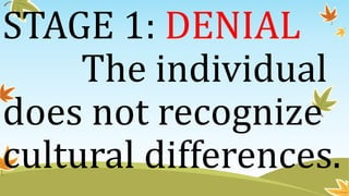STAGE 1: DENIAL
The individual
does not recognize
cultural differences.