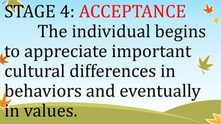 STAGE 4: ACCEPTANCE
The individual begins
to appreciate important
cultural differences in
behaviors and eventually
in values.
