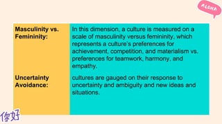 Masculinity vs.
Femininity:
In this dimension, a culture is measured on a
scale of masculinity versus femininity, which
represents a culture’s preferences for
achievement, competition, and materialism vs.
preferences for teamwork, harmony, and
empathy.
Uncertainty
Avoidance:
cultures are gauged on their response to
uncertainty and ambiguity and new ideas and
situations.
 