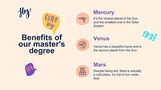 Mercury
It’s the closest planet to the Sun
and the smallest one in the Solar
System
Venus
Venus has a beautiful name and is
the second planet from the Sun
Mars
Despite being red, Mars is actually
a cold place. It’s full of iron oxide
dust
Benefits of
our master's
degree
 