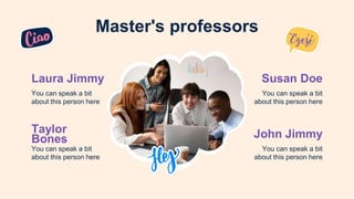You can speak a bit
about this person here
Master's professors
Laura Jimmy
You can speak a bit
about this person here
Susan Doe
You can speak a bit
about this person here
Taylor
Bones John Jimmy
You can speak a bit
about this person here
 