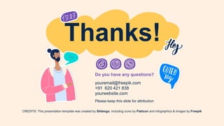 CREDITS: This presentation template was created by Slidesgo, including icons by Flaticon and infographics & images by Freepik
Do you have any questions?
youremail@freepik.com
+91 620 421 838
yourwebsite.com
Thanks!
Please keep this slide for attribution
 
