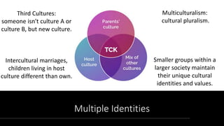 Multiple Identities
Third Cultures:
someone isn't culture A or
culture B, but new culture.
Intercultural marriages,
children living in host
culture different than own.
Multiculturalism:
cultural pluralism.
Smaller groups within a
larger society maintain
their unique cultural
identities and values.
 