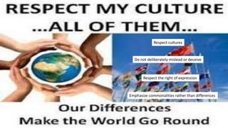 Respect cultures
Do not deliberately mislead or deceive
Respect the right of expression
Emphasize commonalities rather than differences
 