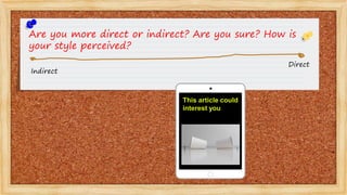 Are you more direct or indirect? Are you sure? How is
your style perceived?
Indirect
Direct
This article could
interest you
 