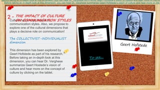 Culture has a huge impact on
communication styles. Also, we propose to
explore one of the cultural dimensions that
plays a decisive role on communication!
The COLLECTIVIST-INDIVIDUALIST
dimension
This dimension has been explored by
Geert Hofstede as part of his research.
Before taking an in-depth look at this
dimension, you can hear Dr. Verghese
summarize Geert Hostede’s vision of
culture and hear more on the concept of
culture by clicking on the tablet.
THE IMPACT OF CULTURE
ON COMMUNICATION STYLES
Before taking an in-depth look at this dimension, you can hear Dr. Verghese summarize Geert Hofstede’s vision of culture and hear more on the co
Before taking an in-depth look at this dimension, you can hear Dr. Verghese summarize Geert Hofstede’s vision of culture and hear more on the
 