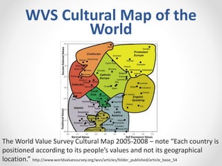 WVS Cultural Map of the
World
The World Value Survey Cultural Map 2005-2008 – note “Each country is
positioned according to its people’s values and not its geographical
location.” http://www.worldvaluessurvey.org/wvs/articles/folder_published/article_base_54
 