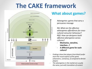 The CAKE framework
Advergames: games that carry a
persuasive message
RQ: What are the effective
advergames affordances for cross-
cultural consumer behaviour?
RQ2: How can designers build
effective advergames across
cultures?
- Mechanics, storyline,
interface…?
- A different game for each
culture?
- Findings show that players from Brazil prefer
more the visual aspects of the game
(characters, scenarios), if compared to British
players
- The advergames in the market are usually
the same, just with translation of content
What about games?
 