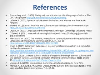 References
• Furstenberg et al., (2001). Giving a virtual voice to the silent language of culture: The
CULTURA project http://llt.msu.edu/vol5num1/furstenberg
• LeDoux, J. (2002). Synaptic self: How our brains become who we are. New York:
Penguin.
• Thorne, S.L., (2003a). Artefacts and cultures-of-use in intercultural communication
http://llt.msu.edu/vol7num2/thorne
• Crystal, D. (2001) Language and the Internet (Cambridge: Cambridge University Press)
• O’Dowd, R. (2001) In search of a truly global network: hhtp://callej.org/journal/3-
1/o_dowd.html
• Marcoccia, M. (2012) The internet, intercultural communication and cultural variation.
Language and Intercultural Communication, 12:4, 353-36
http://dx.doi.org/10.1080/14708477.2012.722101
• Ersoz, S. (2009) Cultures in Cyberspace: Interpersonal communication in a computer-
mediated environment
http://maltepe.academia.edu/SelvaEesoz/Papers/563123/Cultures_in_cyberspace_inte
rpersonal_communication_in_a_computer-mediated_Envrionment
• Würtz, E. (2005). A cross-cultural analysis of websites from high-context cultures and
low-context cultures. Journal of Computer-Mediated Communication, 11(1), article
13.http://jcmc.indiana.edu/vol11/issue1/wuertz.html
• Usunier, J. C. (2000). International marketing. A Cultural Approach, New York.
• Marcus, A., & Gould, E. W. (2000). Crosscurrents: cultural dimensions and global Web
user-interface design. interactions, 7(4), 32-46.
 