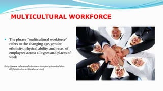 MULTICULTURAL WORKFORCE
 The phrase "multicultural workforce"
refers to the changing age, gender,
ethnicity, physical ability, and race, of
employees across all types and places of
work
(http://www.referenceforbusiness.com/encyclopedia/Mor-
Off/Multicultural-Workforce.html)
14
 