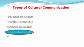 Types of Cultural Communication
 Cross cultural communication
 International communication
Multicultural communication
 Intercultural communication
See 1
5
 