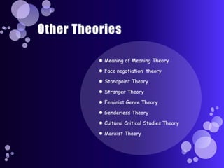 In a relatively closed social system in which communication among members is unrestricted, the system as a whole will tend to converge over time toward a state of greater cultural uniformity. The system will tend to diverge toward diversity when communication is restrictedTheories focusing on effective outcomesCultural Convergence