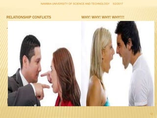 RELATIONSHIP CONFLICT
RELATIONSHIP CONFLICTS WHY! WHY! WHY! WHY!!!!
. .
NAMIBIA UNIVERSITY OF SCIENCE AND TECHNOLOGY 5/2/2017
12
 