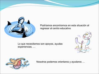 Podríamos encontrarnos en esta situación al  regresar al centro educativo Lo que necesitamos son apoyos, ayudas experiencias, … Nosotros podemos orientaros y ayudaros … 