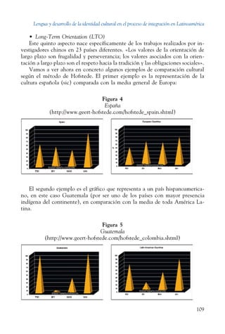 Lengua y desarrollo de la identidad cultural en el proceso de integración en Latinoamérica
109
•  Long-Term Orientation (LTO)
Este quinto aspecto nace específicamente de los trabajos realizados por in-
vestigadores chinos en 23 países diferentes. «Los valores de la orientación de
largo plazo son frugalidad y perseverancia; los valores asociados con la orien-
tación a largo plazo son el respeto hacia la tradición y las obligaciones sociales».
Vamos a ver ahora en concreto algunos ejemplos de comparación cultural
según el método de Hofstede. El primer ejemplo es la representación de la
cultura española (sic) comparada con la media general de Europa:
Figura 4
España
(http://www.geert-hofstede.com/hofstede_spain.shtml)
El segundo ejemplo es el gráfico que representa a un país hispanoamerica-
no, en este caso Guatemala (por ser uno de los países con mayor presencia
indígena del continente), en comparación con la media de toda América La-
tina.
Figura 5
Guatemala
(http://www.geert-hofstede.com/hofstede_colombia.shtml)
 