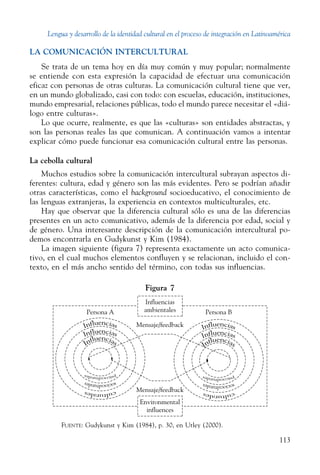 Lengua y desarrollo de la identidad cultural en el proceso de integración en Latinoamérica
113
LA COMUNICACIÓN INTERCULTURAL
Se trata de un tema hoy en día muy común y muy popular; normalmente
se entiende con esta expresión la capacidad de efectuar una comunicación
eficaz con personas de otras culturas. La comunicación cultural tiene que ver,
en un mundo globalizado, casi con todo: con escuelas, educación, instituciones,
mundo empresarial, relaciones públicas, todo el mundo parece necesitar el «diá-
logo entre culturas».
Lo que ocurre, realmente, es que las «culturas» son entidades abstractas, y
son las personas reales las que comunican. A continuación vamos a intentar
explicar cómo puede funcionar esa comunicación cultural entre las personas.
La cebolla cultural
Muchos estudios sobre la comunicación intercultural subrayan aspectos di-
ferentes: cultura, edad y género son las más evidentes. Pero se podrían añadir
otras características, como el background socioeducativo, el conocimiento de
las lenguas extranjeras, la experiencia en contextos multiculturales, etc.
Hay que observar que la diferencia cultural sólo es una de las diferencias
presentes en un acto comunicativo, además de la diferencia por edad, social y
de género. Una interesante descripción de la comunicación intercultural po-
demos encontrarla en Gudykunst y Kim (1984).
La imagen siguiente (figura 7) representa exactamente un acto comunica-
tivo, en el cual muchos elementos confluyen y se relacionan, incluido el con-
texto, en el más ancho sentido del término, con todas sus influencias.
Figura 7
Mensaje/feedback
Mensaje/feedback
Persona A Persona B
Influencias
ambientales
Environmental
influences
Fuente: Gudykunst y Kim (1984), p. 30, en Utley (2000).
 