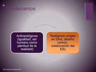 +
Fundamentos
Antropológicos
(Igualdad; ser
humano como
plenitud de la
realidad)
Teológicos (origen
en Dios; destino
común,
colaboración del
ES)
Pilar Sánchez Alvarez 2017
 