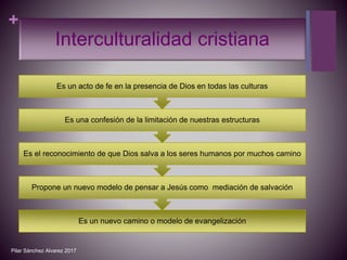 +
Interculturalidad cristiana
Es un nuevo camino o modelo de evangelización
Propone un nuevo modelo de pensar a Jesús como mediación de salvación
Es el reconocimiento de que Dios salva a los seres humanos por muchos camino
Es una confesión de la limitación de nuestras estructuras
Es un acto de fe en la presencia de Dios en todas las culturas
Pilar Sánchez Alvarez 2017
 