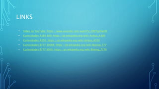 LINKS
• Vídeo no YouTube: https://www.youtube.com/watch?v=OhfTgzXwHtI
• Curiosidades A380 800: https://pt.wikipedia.org/wiki/Airbus_A380
• Curiosidades A350: https://pt.wikipedia.org/wiki/Airbus_A350
• Curiosidades B777 300ER: https://pt.wikipedia.org/wiki/Boeing_777
• Curiosidades B777 900X: https://pt.wikipedia.org/wiki/Boeing_777X
 