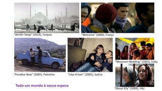 “Paradise Now” (2005), Palestina
“Winter Sleep” (2014), Turquia “Welcome” (2009), França
“Lilya 4-Ever” (2001), Suécia
“Moonson Wedding” (2001), India
“About Elly” (2009), Irão
Todo um mundo à nossa espera
 