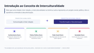 Introdução ao Conceito de Interculturalidade
Mais que uma simples inter-relação, a interculturalidade na América Latina representa um projeto social, político, ético e
epistêmico orientado à descolonização.
PERSPECTIVA GLOBAL NORTE
Comunicação e Inter-relação
PERSPECTIVA DECOLONIAL (WALSH)
Transformação e Descolonização
Conhecimento Outro
Produção de saberes fora dos
legados eurocêntricos.
Prática Política Outra
Ação baseada na práxis dos
movimentos sociais.
Poder Social Outro
Reconfiguração das estruturas de
poder vigentes.
Sociedade Outra
Construção de um novo modelo
civilizatório.
"Um paradigma outro, que é pensado por meio da práxis política... relacionado com e contra a modernidade/colonialidade." — Catherine Walsh
 