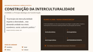 MOVIMENTOS INDÍGENAS E AGÊNCIA POLÍTICA
CONSTRUÇÃO DA INTERCULTURALIDADE
A CONAIE e o Princípio Ideológico de Transformação
"O princípio da interculturalidade
respeita a diversidade... mas
demanda unidade nos níveis
econômico, social, cultural e político."
PROJETO POLÍTICO CONAIE, 1997
EIXOS DE UNIDADE
Econômico Social
Político Cultural
RUMO A UMA "NOVA DEMOCRACIA"
A interculturalidade é um dos nove princípios que dirigem o projeto político, visando a
construção de uma estrutura estatal garantidora da participação permanente.
01
Anticolonialista
02
Anticapitalista
03
Anti-imperialista
04
ANTISSEGREGACIONISTA
Foco: Mudança estrutural do Estado Uninacional para o Plurinacional.
 