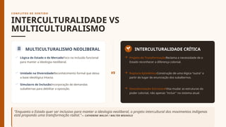 CON F L I TOS DE S E N T I D O
INTERCULTURALIDADE VS
MULTICULTURALISMO
MULTICULTURALISMO NEOLIBERAL
Lógica do Estado e do MercadoFoco na inclusão funcional
para manter a ideologia neoliberal.
Unidade na DiversidadeReconhecimento formal que deixa
a base ideológica intacta.
Simulacro de InclusãoIncorporação de demandas
subalternas para debilitar a oposição.
vs
INTERCULTURALIDADE CRÍTICA
Projeto de TransformaçãoReclama a necessidade de o
Estado reconhecer a diferença colonial.
Ruptura EpistêmicaConstrução de uma lógica "outra" a
partir do lugar de enunciação dos subalternos.
Descolonização EstruturalVisa mudar as estruturas do
poder colonial, não apenas "incluir" no sistema atual.
"Enquanto o Estado quer ser inclusivo para manter a ideologia neoliberal, o projeto intercultural dos movimentos indígenas
está propondo uma transformação radial."— CATHERINE WALSH / WALTER MIGNOLO
 