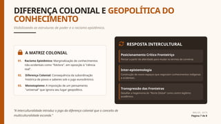 DIFERENÇA COLONIAL E GEOPOLÍTICA DO
CONHECIMENTO
Visibilizando as estruturas de poder e o racismo epistêmico.
A MATRIZ COLONIAL
01. Racismo Epistêmico: Marginalização de conhecimentos
não-ocidentais como "folclore", em oposição à "ciência
real".
02. Diferença Colonial: Consequência da subordinação
histórica de povos e saberes sob o jugo eurocêntrico.
03. Monotopismo: A imposição de um pensamento
"universal" que ignora seu lugar geopolítico.
RESPOSTA INTERCULTURAL
Posicionamento Crítico Fronteiriço
Pensar a partir da alteridade para mudar os termos da conversa.
Inter-epistemologia
Construção de novos espaços que negociam conhecimentos indígenas
e ocidentais.
Transgressão das Fronteiras
Desafiar a hegemonia do "Norte Global" como centro legítimo
acadêmico.
"A interculturalidade introduz o jogo da diferença colonial que o conceito de
multiculturalidade esconde."
WALSH, 2019
Página 7 de 8
 