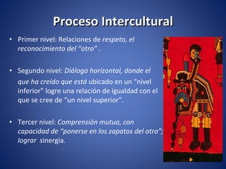 Proceso Intercultural Primer nivel: Relaciones de  respeto, el reconocimiento del “otro” . Segundo nivel:  Diálogo horizontal, donde el  que ha creído que está  ubicado en un “nivel inferior” logre una relación de igualdad con el que se cree de “un nivel superior”. Tercer nivel:  Comprensión mutua, con capacidad de “ponerse en los zapatos del otro”; lograr  s inergia. 