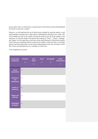 answer orally. Then, we will provide a visual aid and we will write the word on the blackboard
for him/her to learn how to spell it.
Moreover, we will implement the use of multi-sensory methods by using the auditory, visual
and kinaesthetic learning styles to help him/her understand the meaning of new words. This
will be helpful not only for the student with special needs but also for all the students in the
classroom. To teach the student with dyslexia the meaning of “Tereré” , “Pororo”, “Katinga”
and “Jaguar”,we will repeat these words many times using flashcards to help him/her identify
which word we are repeating (with the words written on them). At the same time, we will make
gestures and facial expressions to foster his/her understanding. In this way, the learner will be
able to learn and understand the new vocabulary in a better way.
To be completed by your tutor:
Lesson plan
component
Excellent
5
Very
Good
4
Good
3
Acceptable
2
Needs
improvement
1
Visual
organization
x
Coherence
and
sequencing
x
Variety of
resources
x
Stages and
activities
x
Scaffolding
strategies
x
 