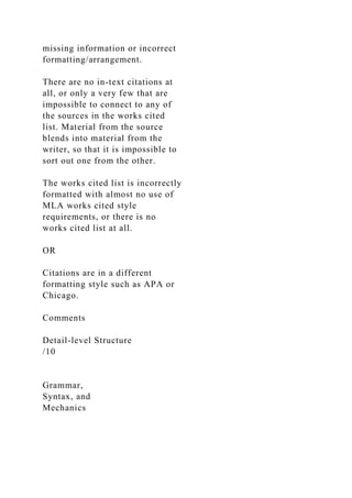missing information or incorrect
formatting/arrangement.
There are no in-text citations at
all, or only a very few that are
impossible to connect to any of
the sources in the works cited
list. Material from the source
blends into material from the
writer, so that it is impossible to
sort out one from the other.
The works cited list is incorrectly
formatted with almost no use of
MLA works cited style
requirements, or there is no
works cited list at all.
OR
Citations are in a different
formatting style such as APA or
Chicago.
Comments
Detail-level Structure
/10
Grammar,
Syntax, and
Mechanics
 