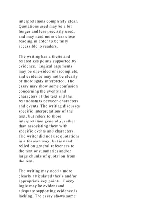 interpretations completely clear.
Quotations used may be a bit
longer and less precisely used,
and may need more clear close
reading in order to be fully
accessible to readers.
The writing has a thesis and
related key points supported by
evidence. Logical arguments
may be one-sided or incomplete,
and evidence may not be clearly
or thoroughly interpreted. The
essay may show some confusion
concerning the events and
characters of the text and the
relationships between characters
and events. The writing discusses
specific interpretations of the
text, but refers to those
interpretation generally, rather
than associating them with
specific events and characters.
The writer did not use quotations
in a focused way, but instead
relied on general references to
the text or summaries and/or
large chunks of quotation from
the text.
The writing may need a more
clearly articulated thesis and/or
appropriate key points. Fuzzy
logic may be evident and
adequate supporting evidence is
lacking. The essay shows some
 
