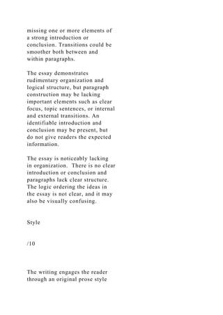 missing one or more elements of
a strong introduction or
conclusion. Transitions could be
smoother both between and
within paragraphs.
The essay demonstrates
rudimentary organization and
logical structure, but paragraph
construction may be lacking
important elements such as clear
focus, topic sentences, or internal
and external transitions. An
identifiable introduction and
conclusion may be present, but
do not give readers the expected
information.
The essay is noticeably lacking
in organization. There is no clear
introduction or conclusion and
paragraphs lack clear structure.
The logic ordering the ideas in
the essay is not clear, and it may
also be visually confusing.
Style
/10
The writing engages the reader
through an original prose style
 