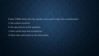 Cohen (1996) states that the speaker may need to take into consideration ;
a) the culture involved
b) the age and sex of the speakers
c) their social class and occupations
d) their roles and status in the interaction.
 