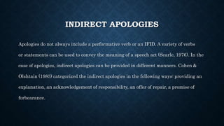INDIRECT APOLOGIES
Apologies do not always include a performative verb or an IFID. A variety of verbs
or statements can be used to convey the meaning of a speech act (Searle, 1976). In the
case of apologies, indirect apologies can be provided in different manners. Cohen &
Olshtain (1983) categorized the indirect apologies in the following ways: providing an
explanation, an acknowledgement of responsibility, an offer of repair, a promise of
forbearance.
 