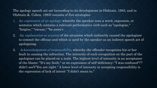The apology speech act set (according to its development in Olshtain, 1983, and in
Olshtain &. Cohen, 1983) consists of fîve strategies:
1. An expression of an apology, whereby the speaker uses a word, expession, or
sentence which contains a relevant performative verb such as "apologize,"
"forgive," "excuse," "be sorry.«
2. An explanation or account of the situation which indirectly caused the apologizer
to commit the offense and which is used by the speaker as an indirect speech act of
apologizing.
3. Acknouıledgment of responsibility, whereby the offender recognizes his or her
fault in causing the infraction. The intensity of such recognition on the part of the
apologizer can be placed on a scale. The highest level of intensity is an acceptance
of the blame: "It's my fault," or an expression of self-deficiency: "I was confused"/"!
didn't seeV'You are right." A lower level of intensity in accepting responsibility is
the expression of lack of intent: "I didn't mean to."
 