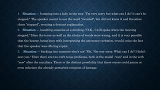 1. Situation — bumping into a lady in the way: 'Tm very sorry but what can I do? it can't be
stopped." The speaker meant to use the word "avoided", but did not know it and therefore
chose "stopped", creating a deviant explanation.
2. Situation — insulting someone at a meeting: "O.K., I will spoke when the meeting
stopped." Here the tense as well as the choice of words were wrong, and it is very possible
that the hearer, being busy with interpreting the utterance verbatim, vvould. miss the fact
that the speaker was offering repair.
3. Situation — backing into someone else's car: "Oh, Vm very sorry. What can I do? I didn't
sav» you." Here there are two verb tense problems, both in the modal ."can" and in the verb
"saw" after the aıuciliary. There is the distinct possibility that these errors could.annoy or
even infuriate the already perturbed recipient of damage.
 
