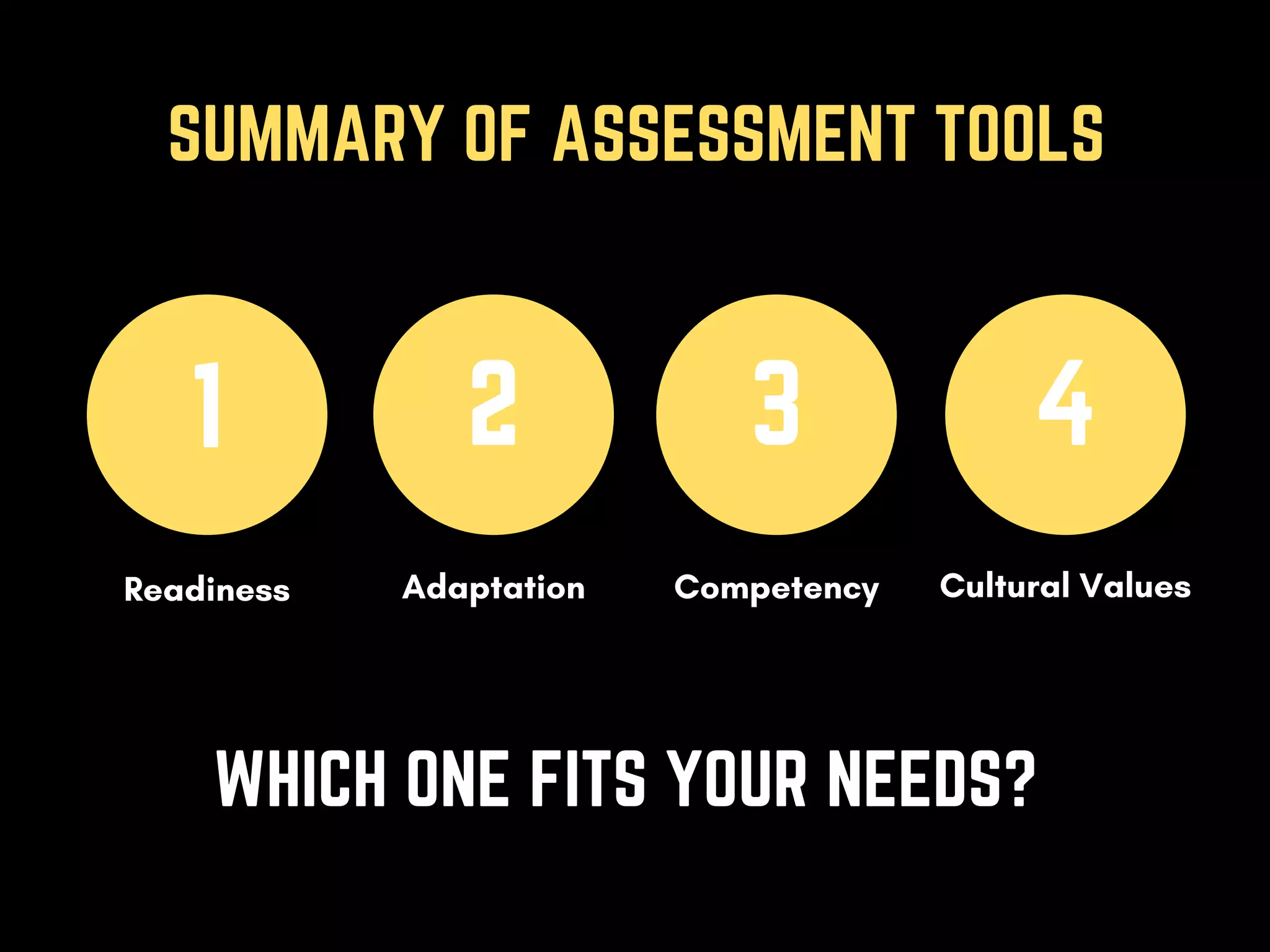 SUMMARY OF ASSESSMENT TOOLS
2
Adaptation
1
Readiness
4
Cultural Values
3
Competency
WHICH ONE FITS YOUR NEEDS?
 