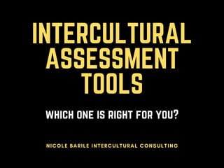 INTERCULTURAL
ASSESSMENT
TOOLS
which one is right for you?
NICOLE BARILE INTERCULTURAL CONSULTING
 